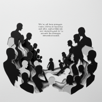 Silhouettes of diverse people facing each other in a circle, illustrating connection and distance, with the quote about being strangers to ourselves and each other at the center.