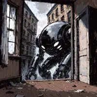 A massive gloss black armored mechanoid crouches in a narrow gap between buildings, its design resembling a walking, imposing limousine.