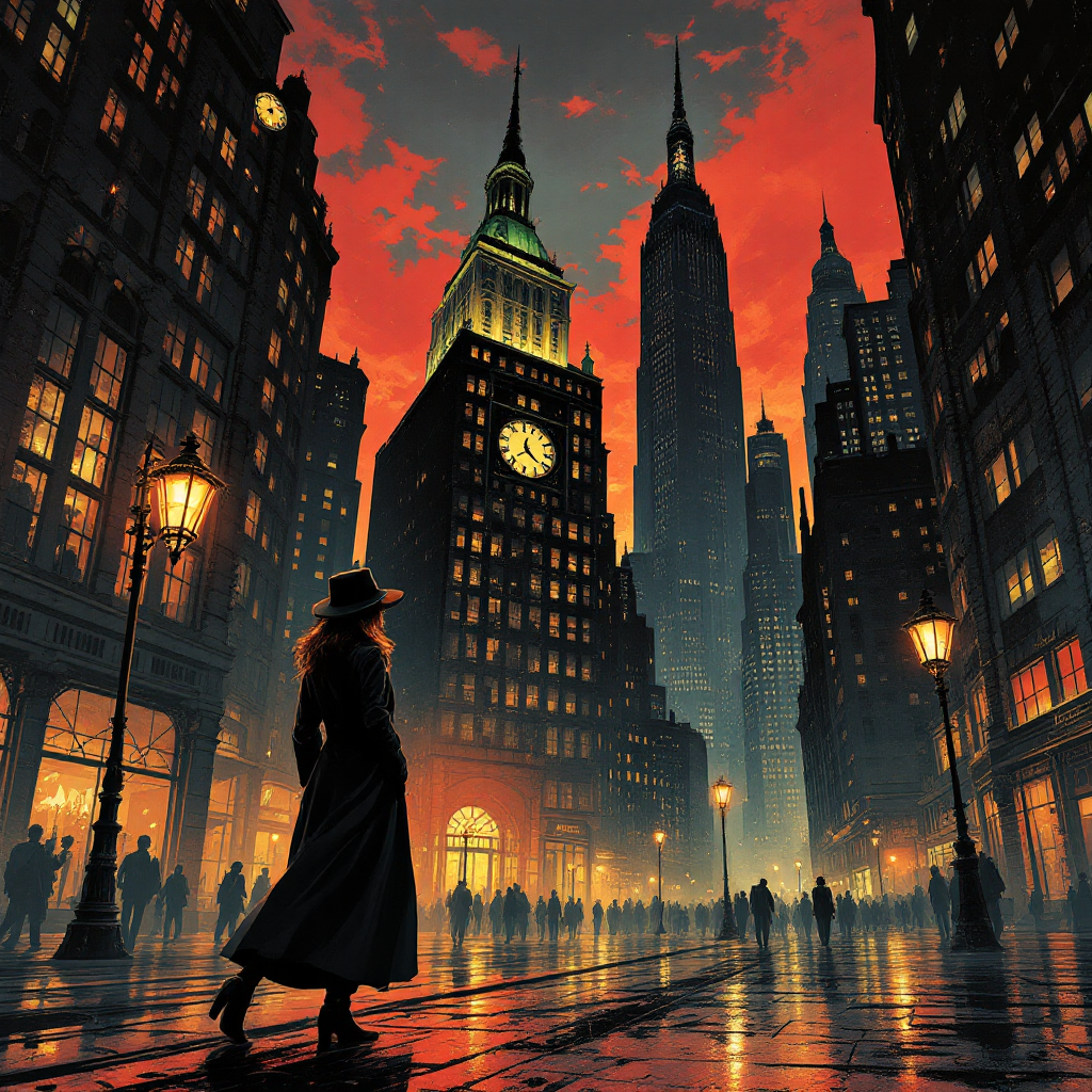 A figure stands in a dark coat and hat amidst a cityscape at dusk, towering skyscrapers silhouetted against a fiery sky, evoking a sense of time and anticipation while waiting for the end.