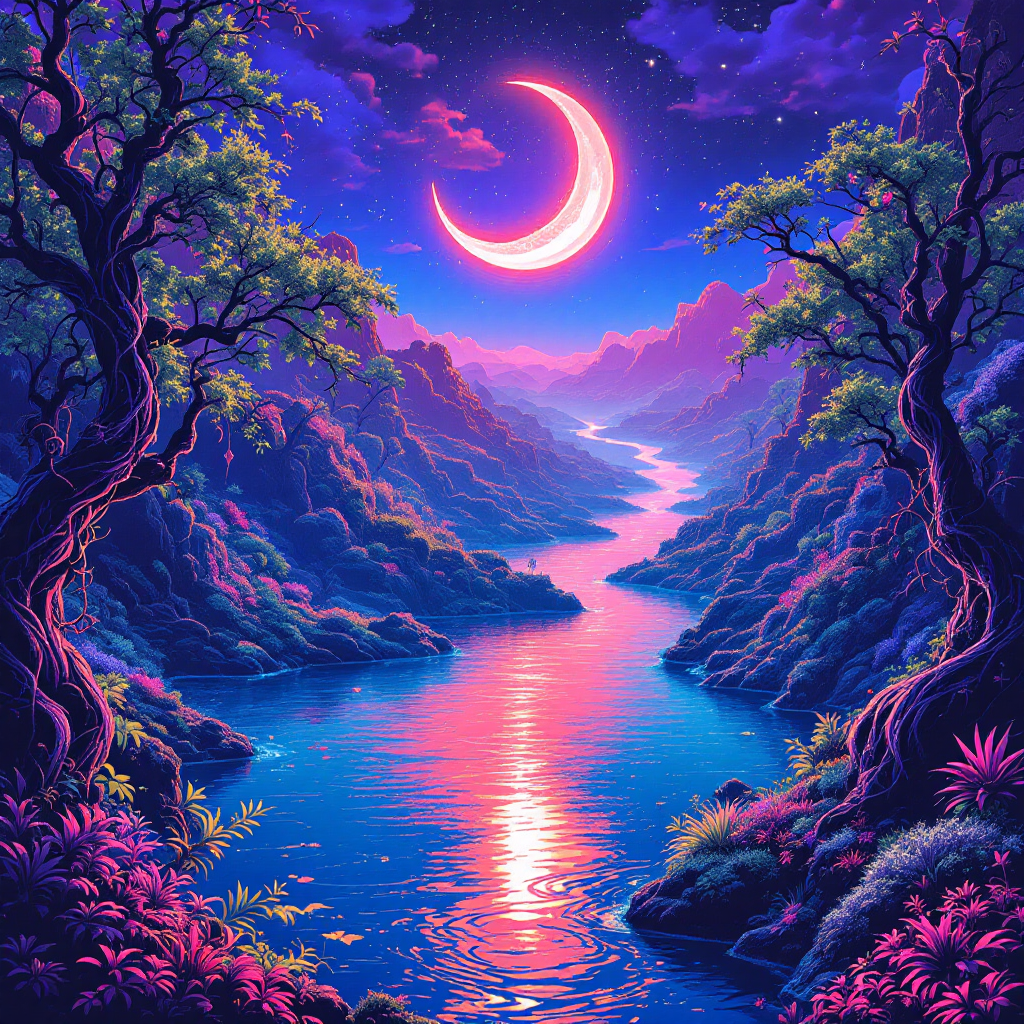 A vibrant, mystical river meanders through lush, colorful landscapes under a crescent moon, embodying the essence of choices and possibilities.