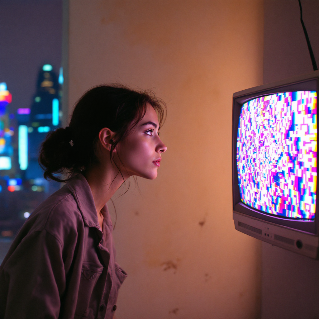 A young woman gazes intently at a retro television displaying static, framed by a dimly lit interior and a city skyline at night, reflecting the quest for clarity and desire.