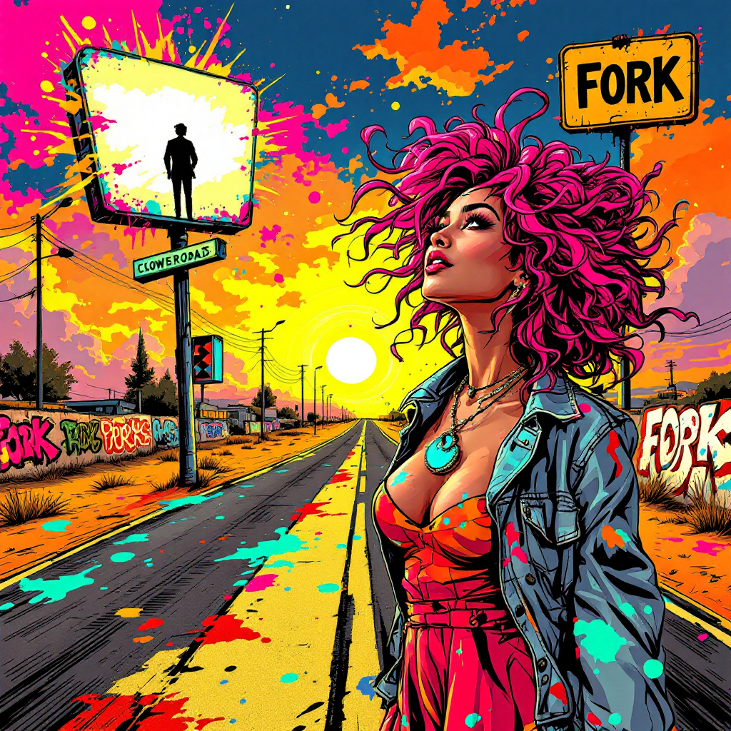 A vibrant landscape depicts a woman with pink hair standing by a fork in the road, symbolizing the idea that it’s never too late to choose a different path, set against a colorful sunset.