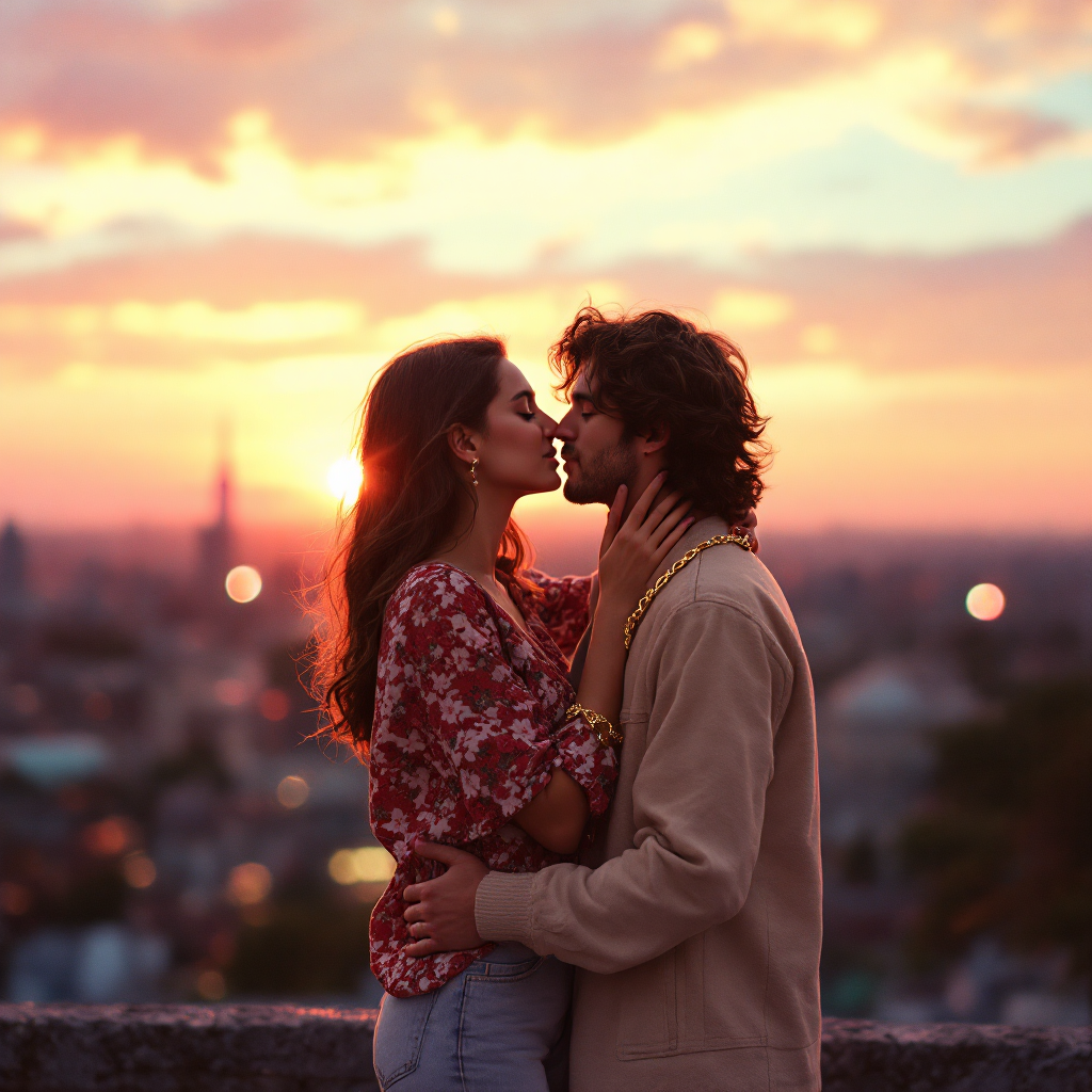 A couple kisses against a vibrant sunset, embodying the idea that love is a powerful force that connects them beyond mere emotions, with a cityscape glowing in the background.