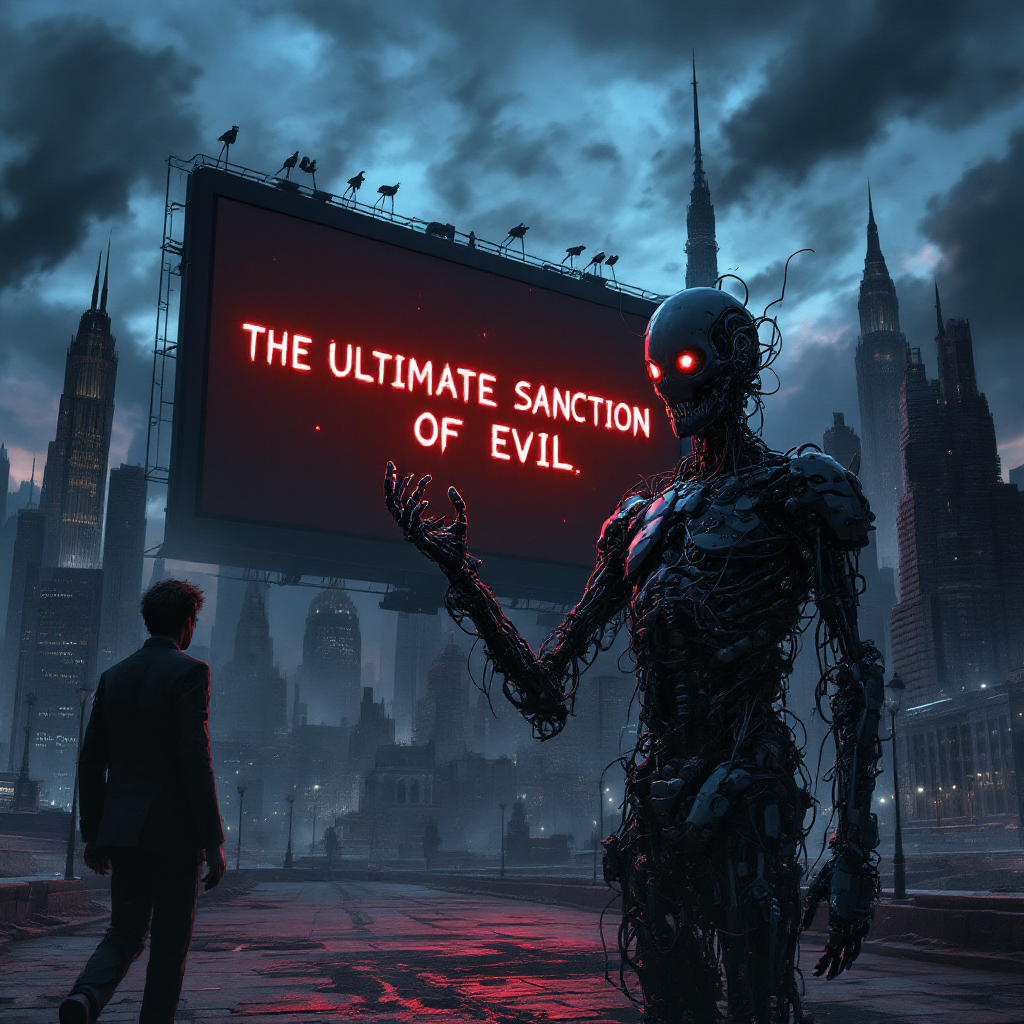 A futuristic cityscape depicts a skeletal robot gesturing toward a glowing billboard that reads, THE ULTIMATE SANCTION OF EVIL, embodying a dark reflection on the nature of human approval.