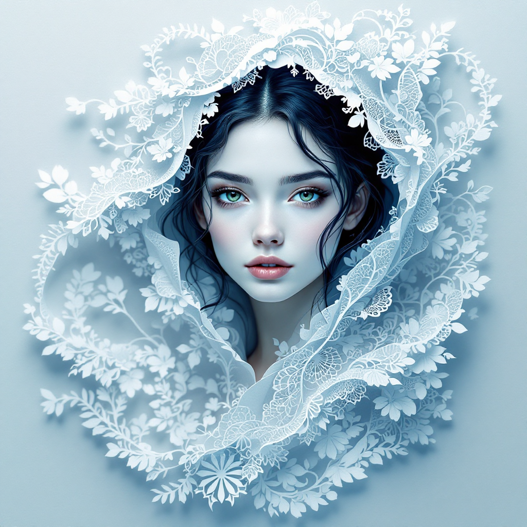 A mysterious young woman with flowing dark hair gazes softly through a delicate lace veil adorned with floral patterns, embodying the essence of the quote about loving mysteries.