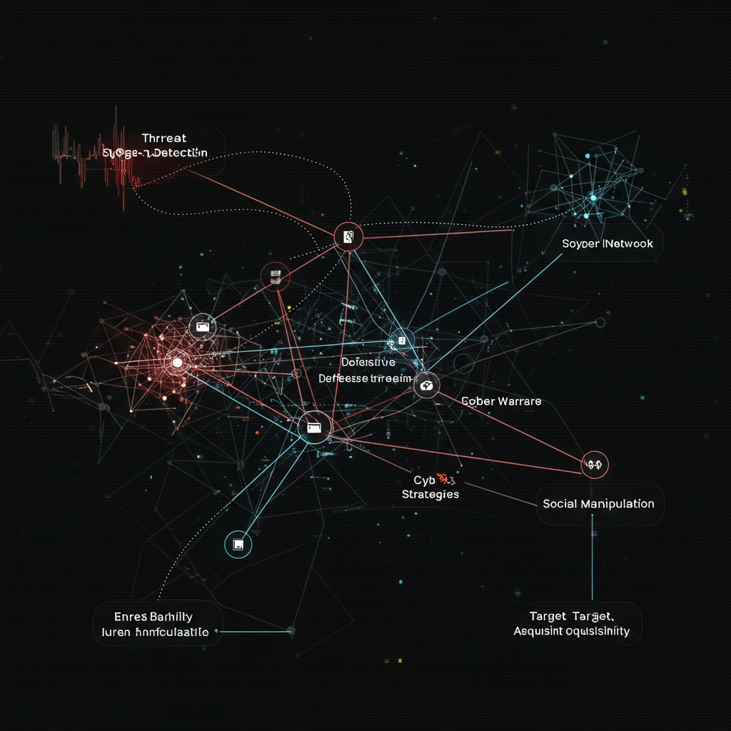 A dark network of interconnected nodes and lines visualizing hidden threats and cyber espionage, reflecting the challenge of fighting an invisible enemy.