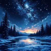 A serene winter scene featuring a river reflecting a vibrant sunset, surrounded by snow-covered trees under a starry night sky, embodying the quote about darkness and bright stars.