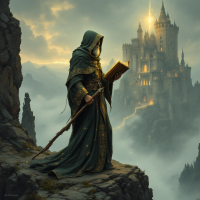 A robed figure stands on a cliff, holding a book, gazing towards a distant castle bathed in ethereal light, embodying the philosophical quest for answers beyond science.