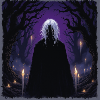 A shadowy figure with long, white hair stands in a dark forest, surrounded by flickering candles and twisted trees, evoking the allure of darkness in response to the quote.