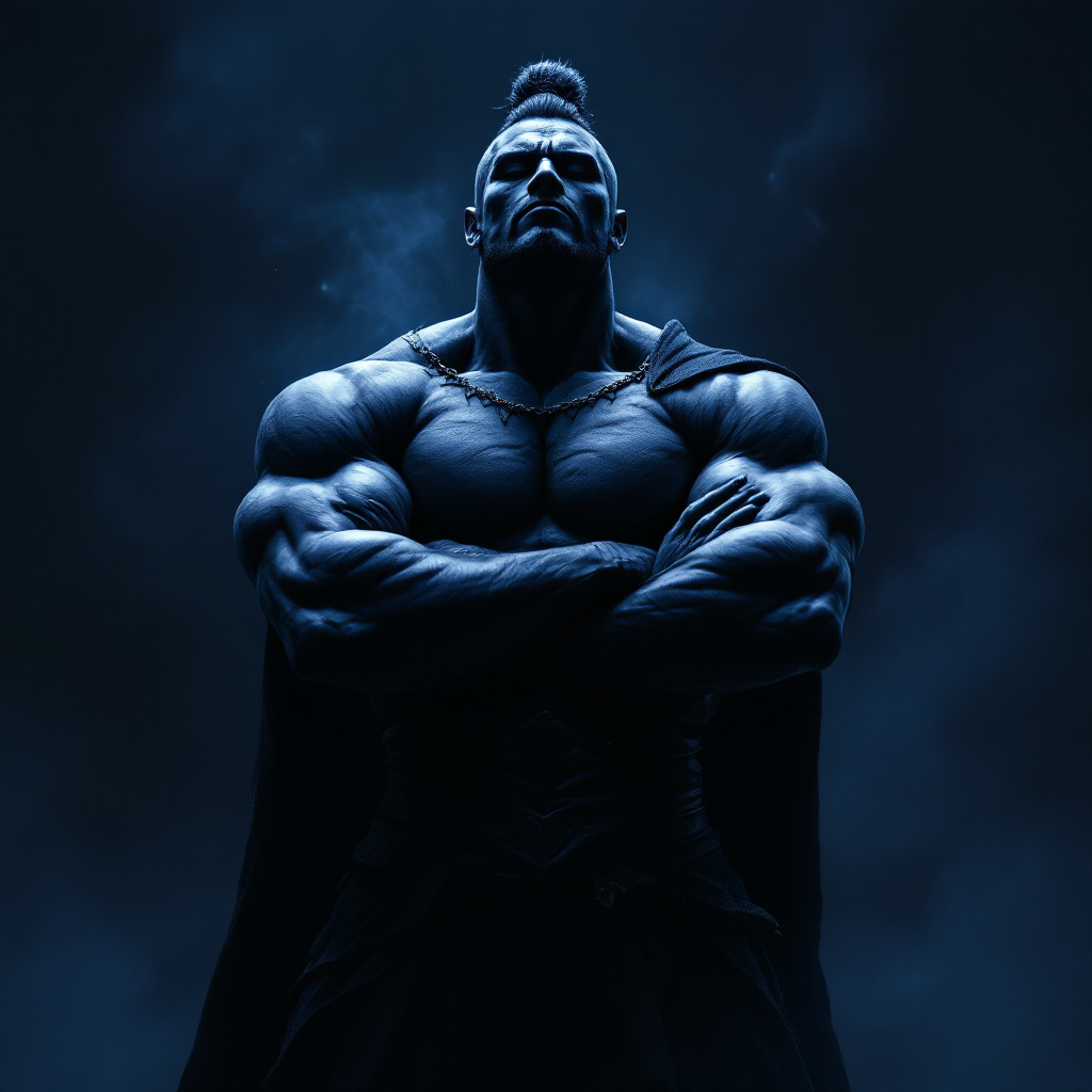 A powerful figure stands confidently with crossed arms, illuminated in a dramatic blue light, embodying the quote: Even strength must bow to wisdom sometimes, against a dark background.