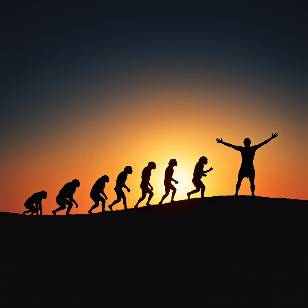 Silhouettes of human evolution against a sunset, depicting the transformation from early ancestors to a modern human with outstretched arms, symbolizing the journey to humanity.