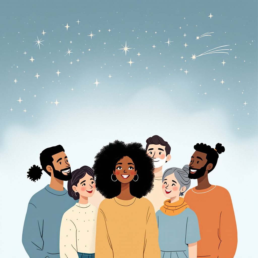 A diverse group of six people smiles together against a backdrop of twinkling stars, embodying the sentiment that relationships matter more than the stars above.