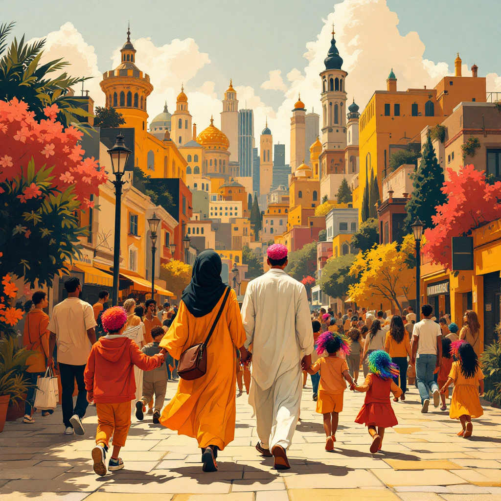 A vibrant street scene in Zikola, filled with diverse families walking hand-in-hand, showcasing colorful clothing and a backdrop of majestic architecture, embodying unity in diversity.