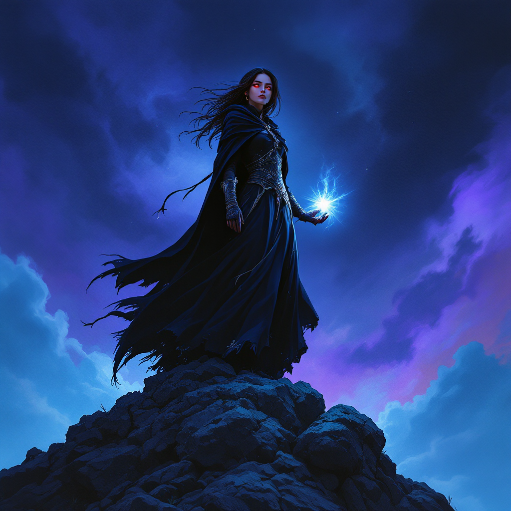 A determined figure stands atop a rocky peak, cloaked in dark attire, holding a glowing orb, embodying the idea that important endeavors persist despite daunting odds.