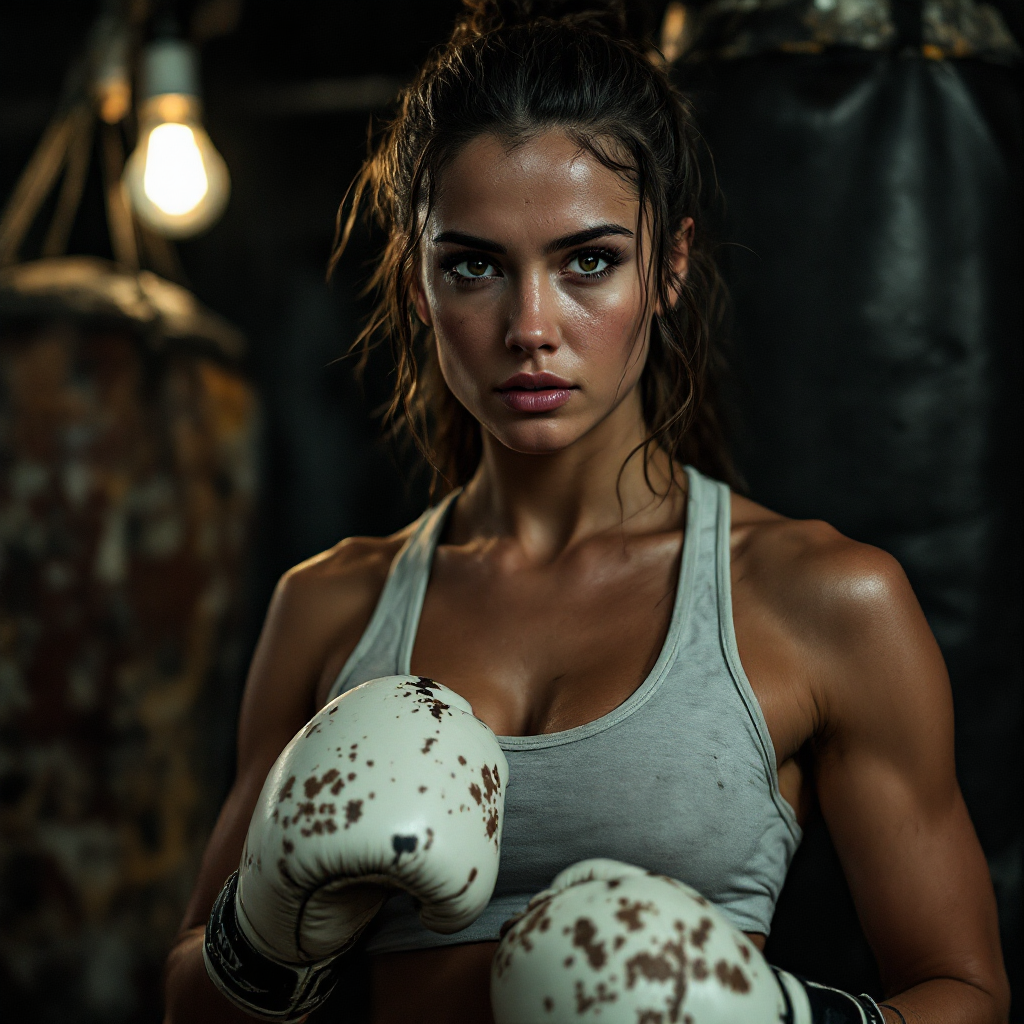 A determined female boxer stands ready in a gritty training environment, embodying the struggle of fighting for what you want, as reflected in the quote about the hardest battles faced.