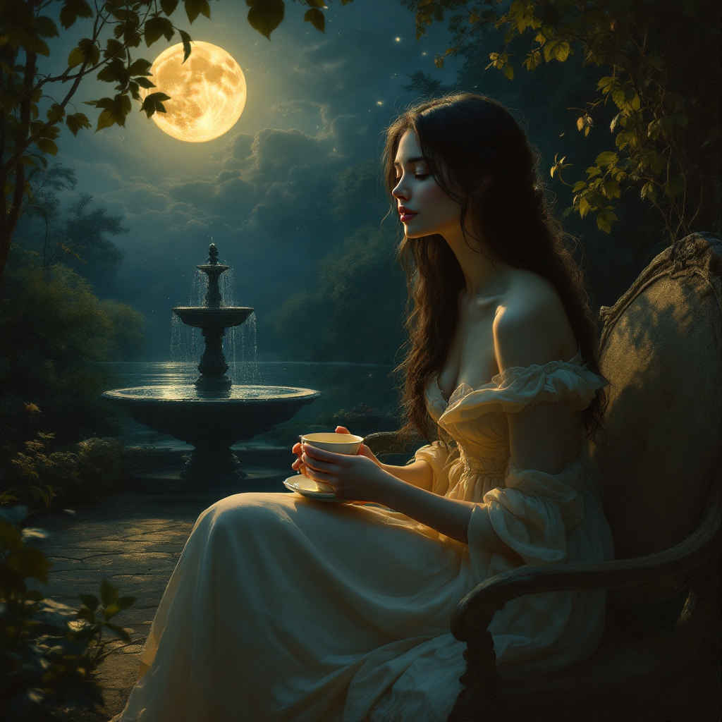 A contemplative woman in an elegant gown sits by a tranquil fountain at night, illuminated by a full moon, embodying the essence of personal stories waiting to be discovered.