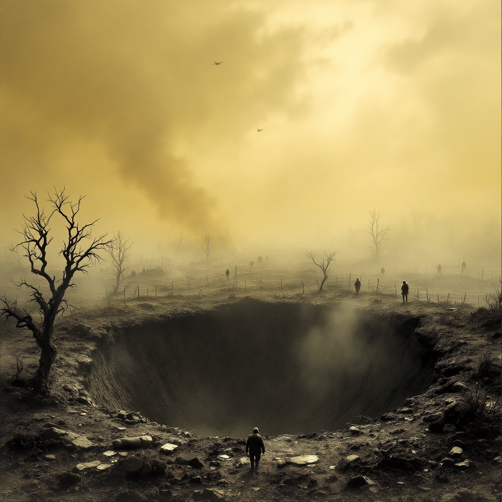 A haunting landscape depicting a vast crater surrounded by desolation, smoke rising against a yellow sky, symbolizing the devastation of The Great War.