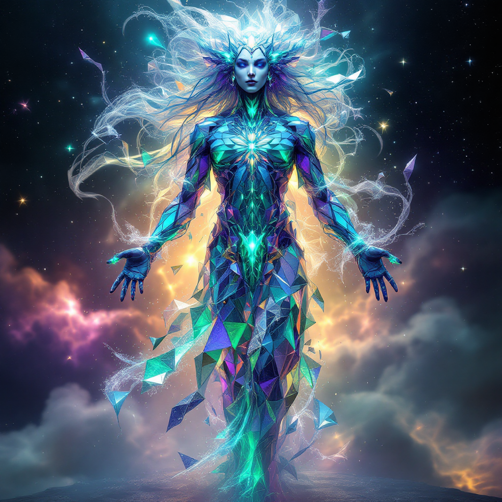 A cosmic figure with a crystalline body and flowing energy, embodying the message of limitless possibilities within the universe, surrounded by a vibrant, star-filled backdrop.