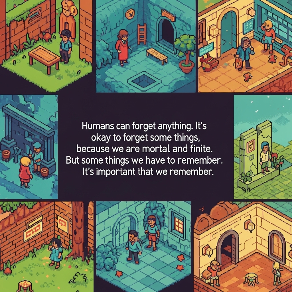 A colorful, isometric illustration shows people in various rooms and outdoor spaces, symbolizing memory and the importance of remembering certain moments in life.