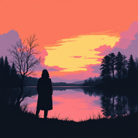 Silhouetted figure stands by a calm lake at sunset, surrounded by trees. The vibrant orange and purple sky reflects on the water, capturing a moment of quiet introspection.