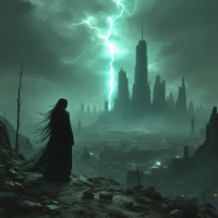 A shadowy figure stands on a desolate mountain, witnessing a storm of lightning above a crumbling city, embodying the despair of watching humanity rush toward destruction.