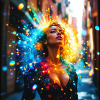 A woman stands confidently in a vibrant alley, with colorful bursts of light radiating from her, illustrating the idea that people often exceed others' expectations of them.