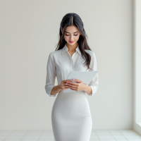 A poised woman in a fitted white dress and blouse stands calmly holding a paper, embodying the essence of an organized leader who is never in a hurry.