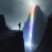 A silhouette of a figure stands at the edge of a dark cliff, gazing at a vibrant rainbow waterfall cascading down a rocky mountain under a luminous sky, symbolizing resilience and hope.