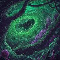 A vibrant, swirling cosmic jungle in shades of green and purple, teeming with organic shapes and pulsating light, embodying the stars as a living, thriving wilderness.