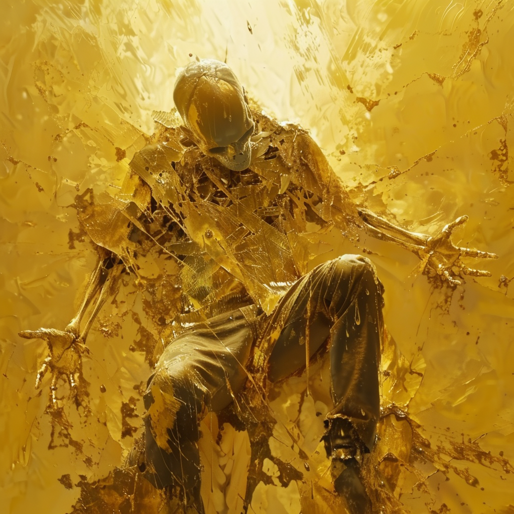 Artistic interpretation of despair displaying a person breaking free from metallic golden shards, inspired by thoughts on freedom and the confines of fear.