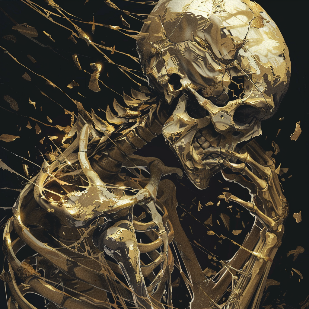 Golden skeleton with sparks, symbolizing the concept that true emptiness is a life devoid of freedom, not death. Inspired by a quote from a book.