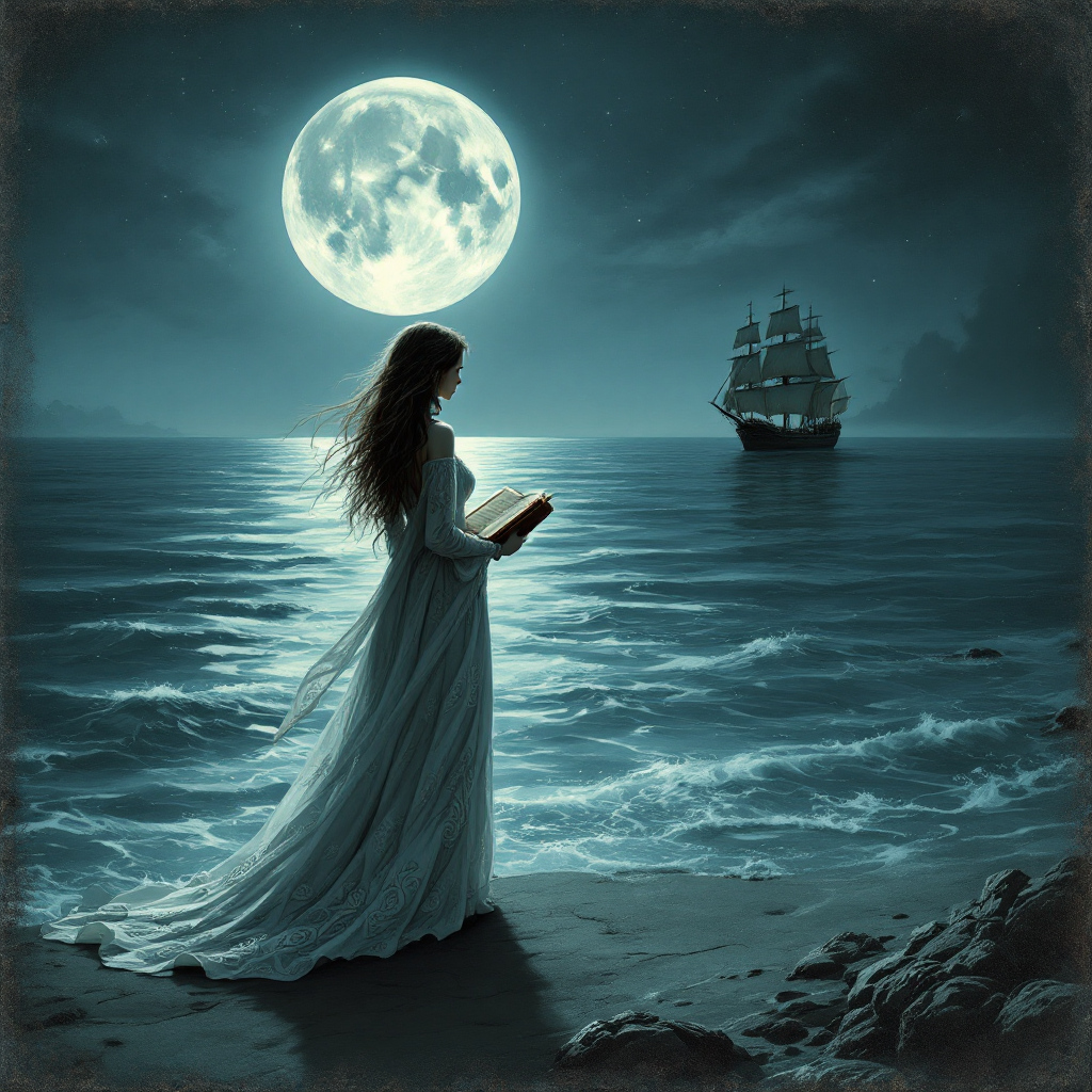 A woman in a flowing white dress stands on a beach at night, holding a scroll, gazing at a full moon illuminating the ocean and a distant ship, embodying the quote about actions and stories.