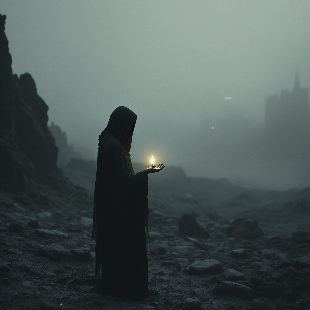 A cloaked figure stands in a desolate landscape, holding a small glowing light amidst the fog, embodying hope amid despair as described in the quote.