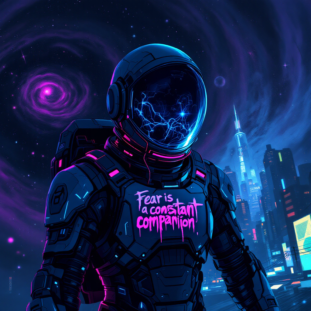 An astronaut in a futuristic city stands against a swirling galaxy, with the phrase Fear is a constant companion glowing on their suit, embodying the solitude of space exploration.