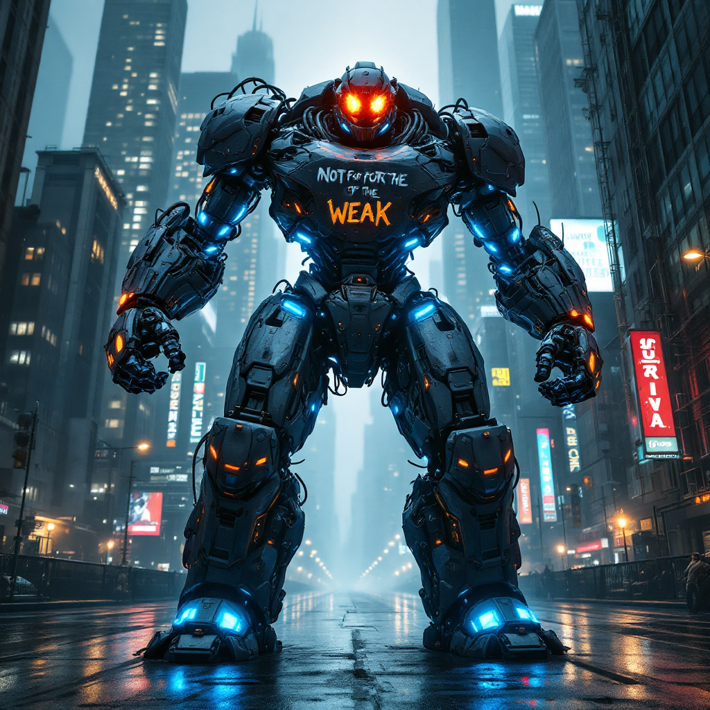 A powerful robotic figure stands confidently in a neon-lit city, symbolizing strength and resilience, embodying the quote, The world was not made for the faint of heart.