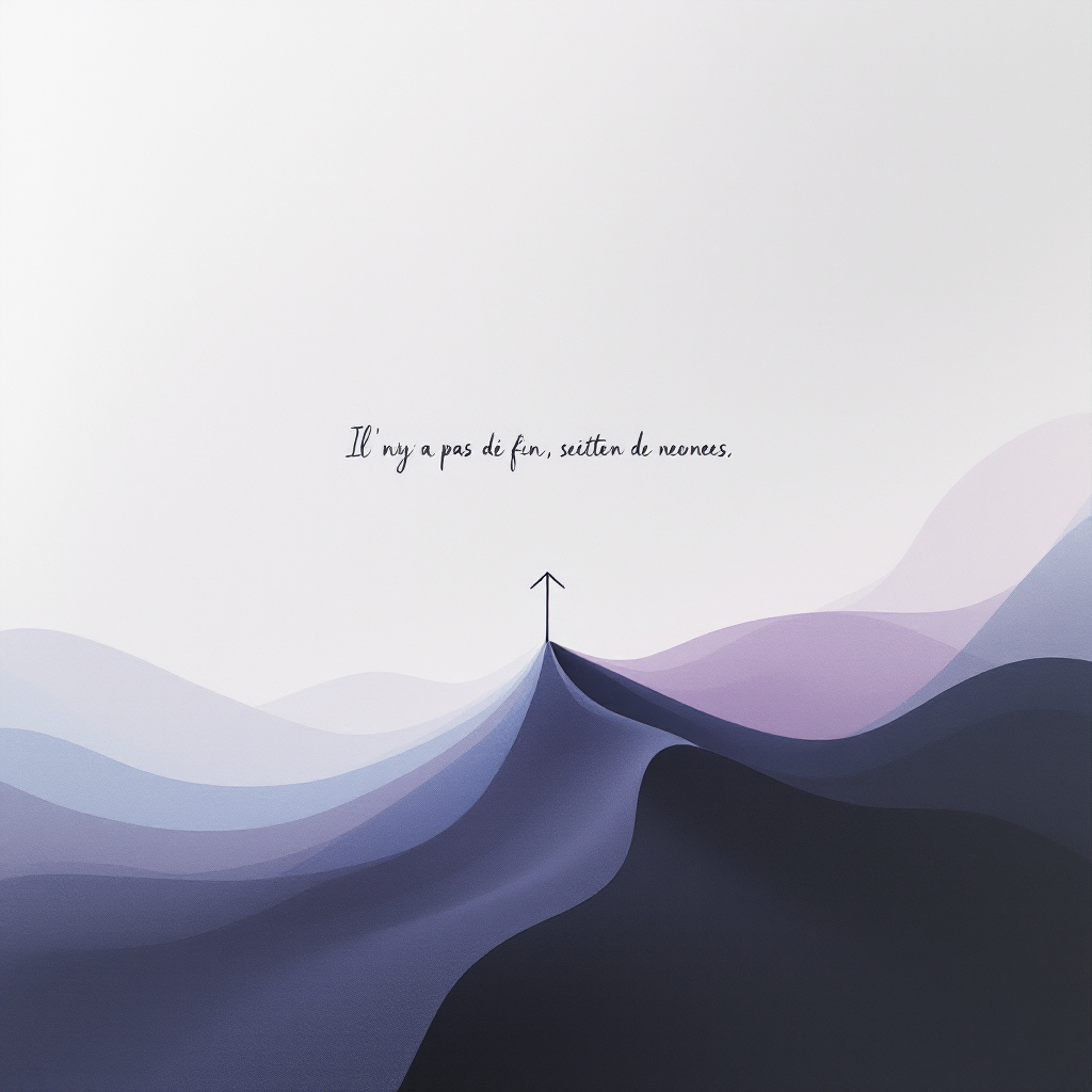 A serene landscape of flowing hills in soft purples and blues, with an arrow pointing upwards and the quote, There are no real endings, only new beginnings, elegantly integrated above.