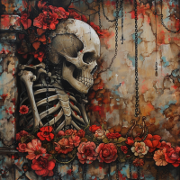 Artistic depiction of a skeleton surrounded by vibrant red flowers and chains, symbolizing the clash of death and the struggle for freedom.