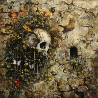 Artistic depiction of a skull in an open birdcage on an aged stone wall, symbolizing the quote about life, freedom, and the emptiness of living in fear.