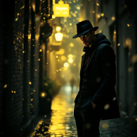 A lone figure in a dark alley, wearing a hat and a coat, stands contemplatively amidst softly glowing lights, embodying the essence of Pose as a friend, work as a spy.