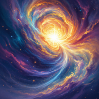 A swirling cosmic explosion of vibrant colors and light symbolizes infinite potential for rebirth, echoing the idea that every end brings a new beginning.