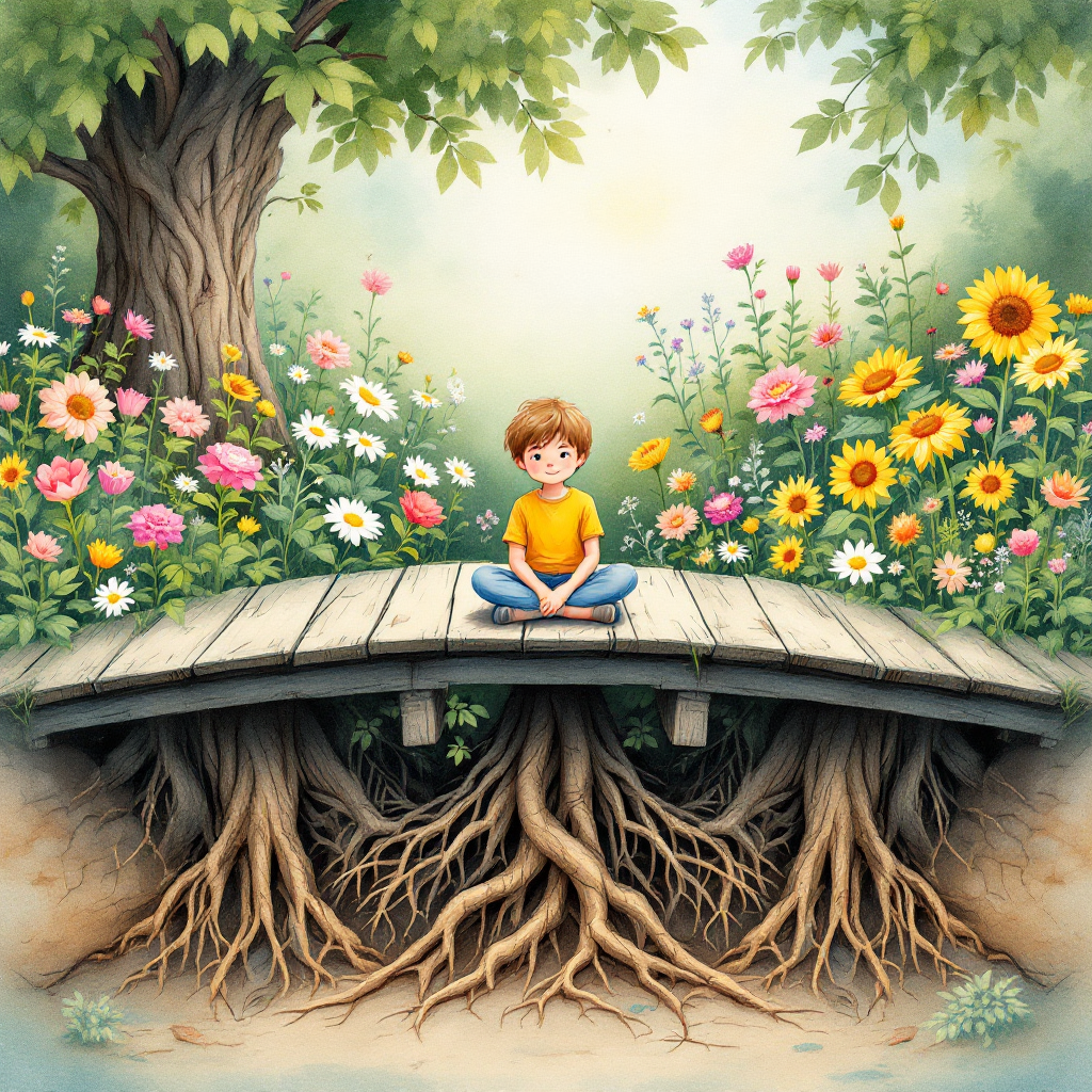 A child sits calmly on a wooden bridge surrounded by vibrant flowers, with deep roots visible below, symbolizing the contrast between fleeting beauty and lasting stability.