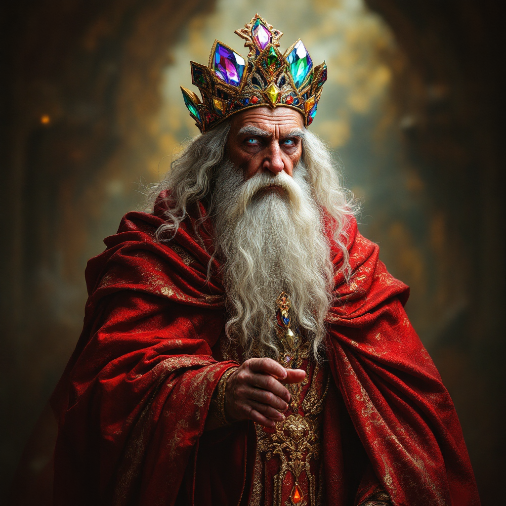 An old man with a long white beard dons crimson robes and a jeweled crown. He gazes intently with piercing eyes, exuding curiosity and authority amidst a shadowy backdrop.