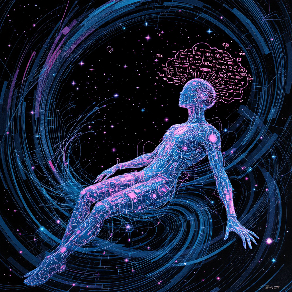 A glowing, abstract figure sits in space, surrounded by swirling patterns and digital symbols, representing the complexities of consciousness and self-interpretation.