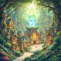 A vibrant fantasy village nestled in lush greenery, featuring intricately designed homes and a towering crystal centerpiece, symbolizing unity and efficiency in harmony with nature.