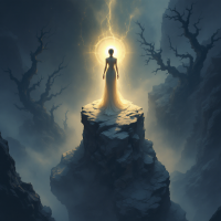 A figure in a glowing dress stands on a rocky outcrop, surrounded by dark trees, embodying the fragile nature of hope amidst daunting fears. A radiant light emphasizes a sense of resilience.