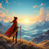 A figure in a red cloak stands on a mountain peak, gazing at a vibrant sunrise over misty valleys and towering peaks, embodying the courage to keep moving forward.