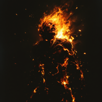 A figure stands against a dark background, engulfed in vivid flames that emanate from its body and head, symbolizing the quote, You have to carry the fire.