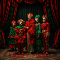 A group of five figures in vibrant red and green costumes stands together against a richly draped background, embodying the tension between spectacle and the reality of human experience.