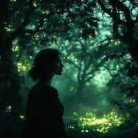 A silhouette of a woman stands amidst a mysterious forest, illuminated by glowing lights that evoke a sense of deeper roles overshadowing reality, inspired by the quote about life’s roles.