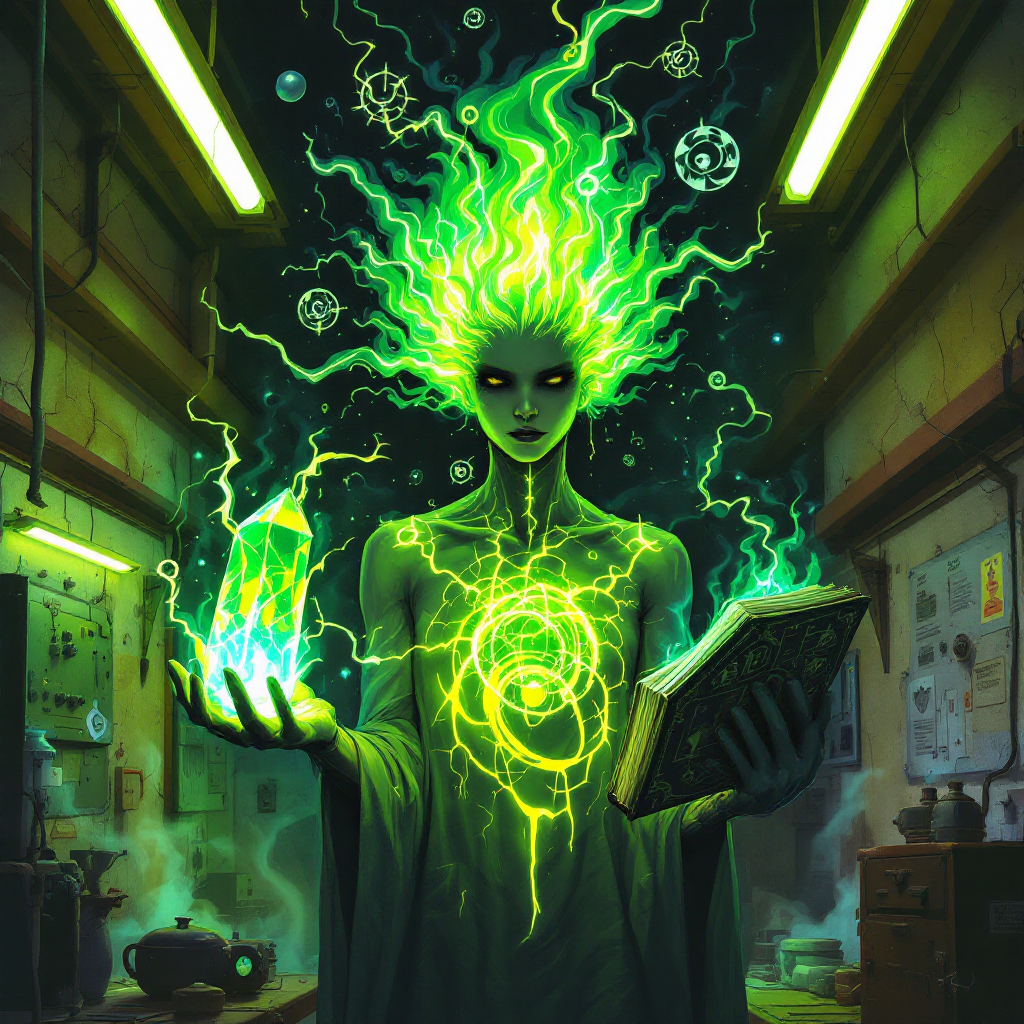 A mysterious figure with glowing green energy emanating from their head holds a shimmering crystal and an ancient book, embodying the theme of reshaping minds and power.